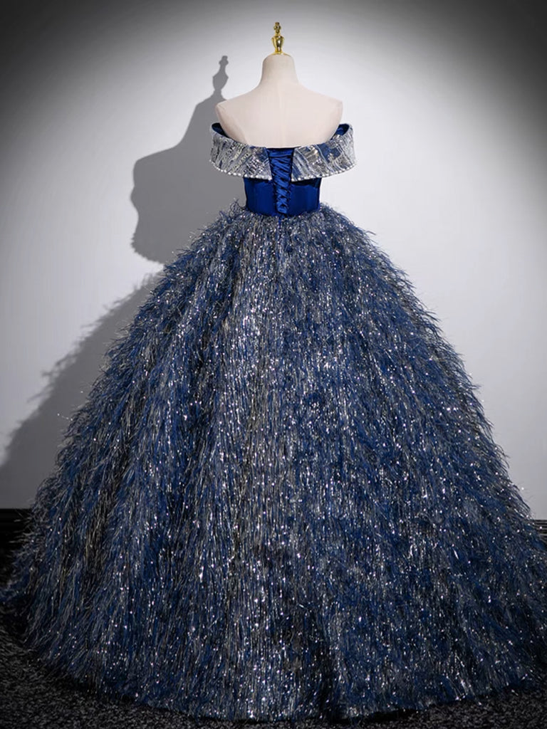 A-LINE SEQUIN BLUE PROM GOWN, SHINY