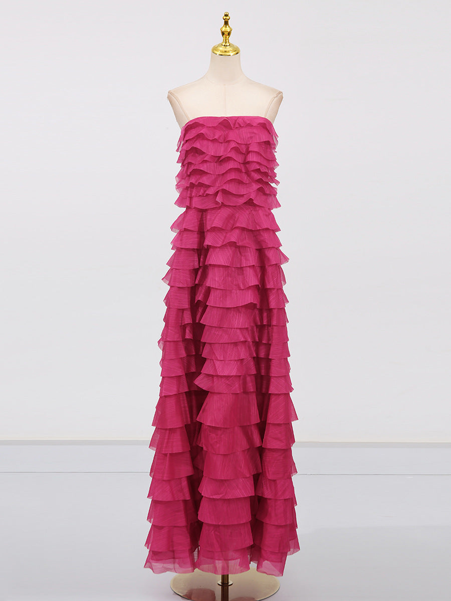 CATHY PLEATED STRAPLESS MAXI DRESS IN ROSE RED