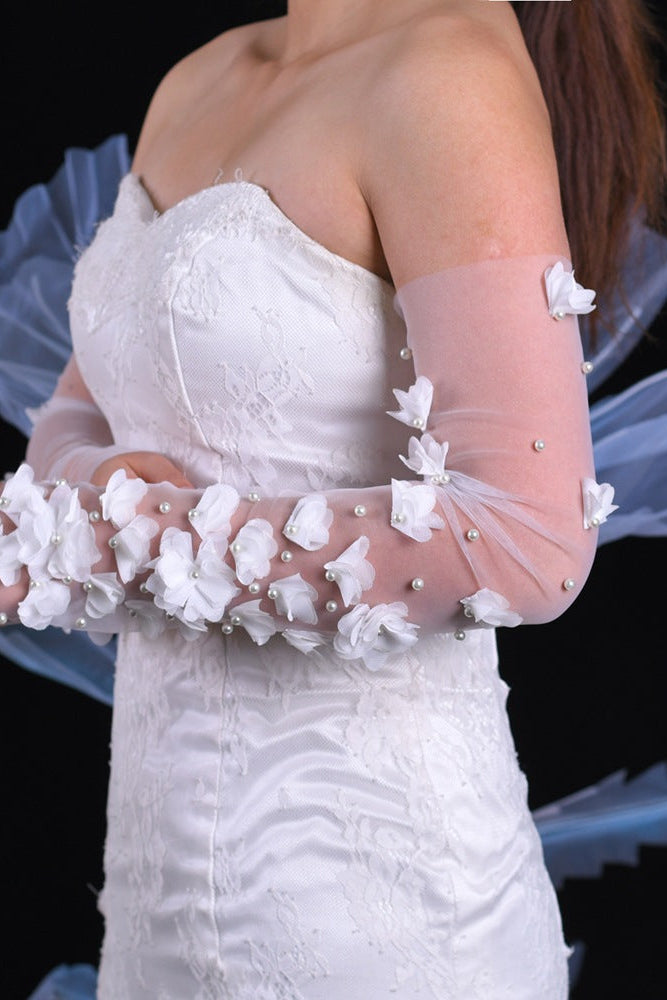 SHEER TULLE DETACHABLE SLEEVES, 3D FLOWERS & PEARLS