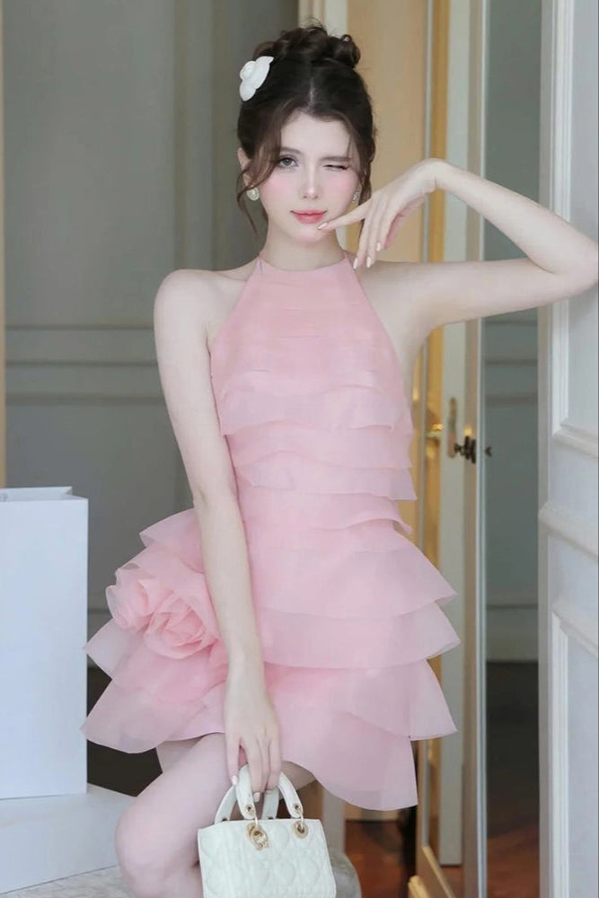 3D FLOWER HALTER MINI DRESS IN PINK FOR PARTY