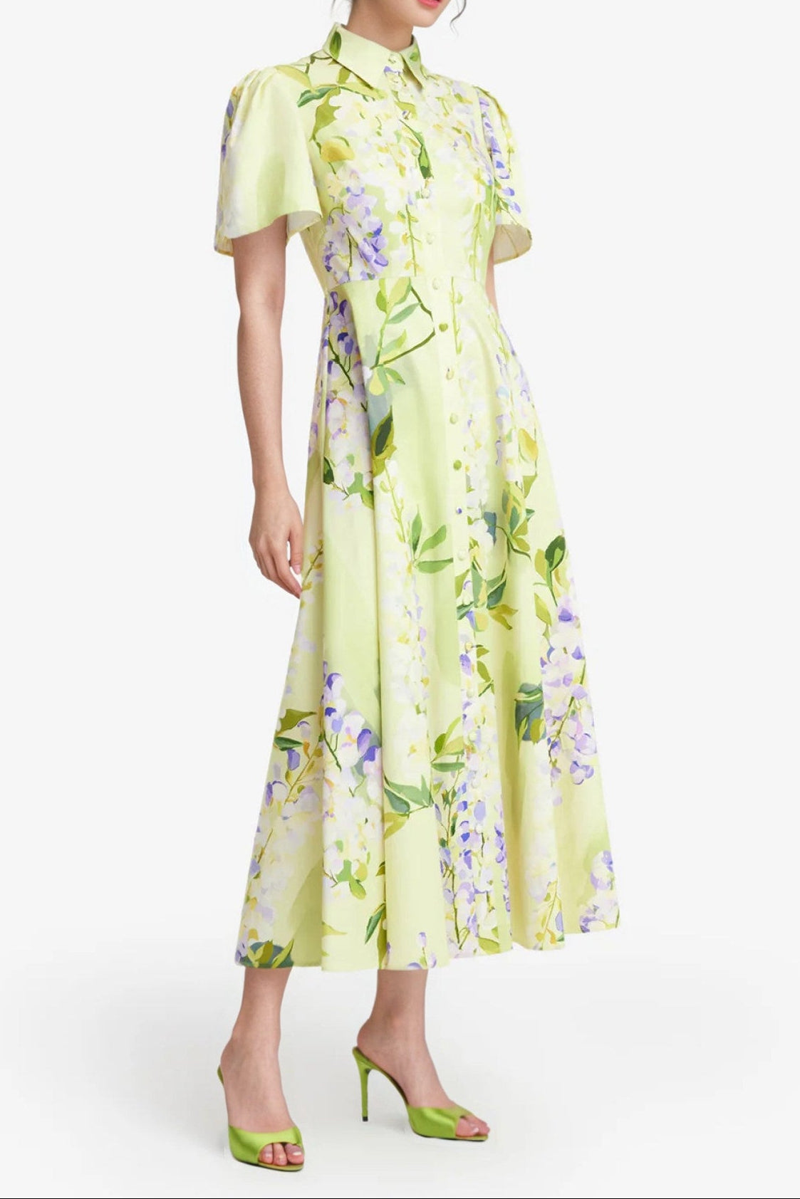 LEMON YELLOW SATIN A-LINE FLORAL POLO DRESS