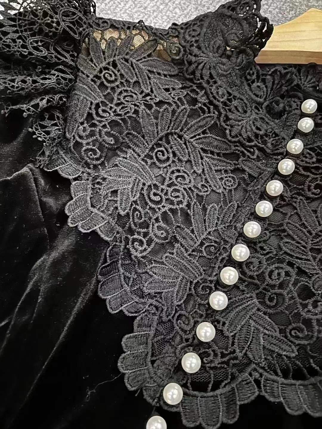 PANDORA BLACK VELVET LACE MIDI DRESS - PEARL SLEEVE, FORMAL