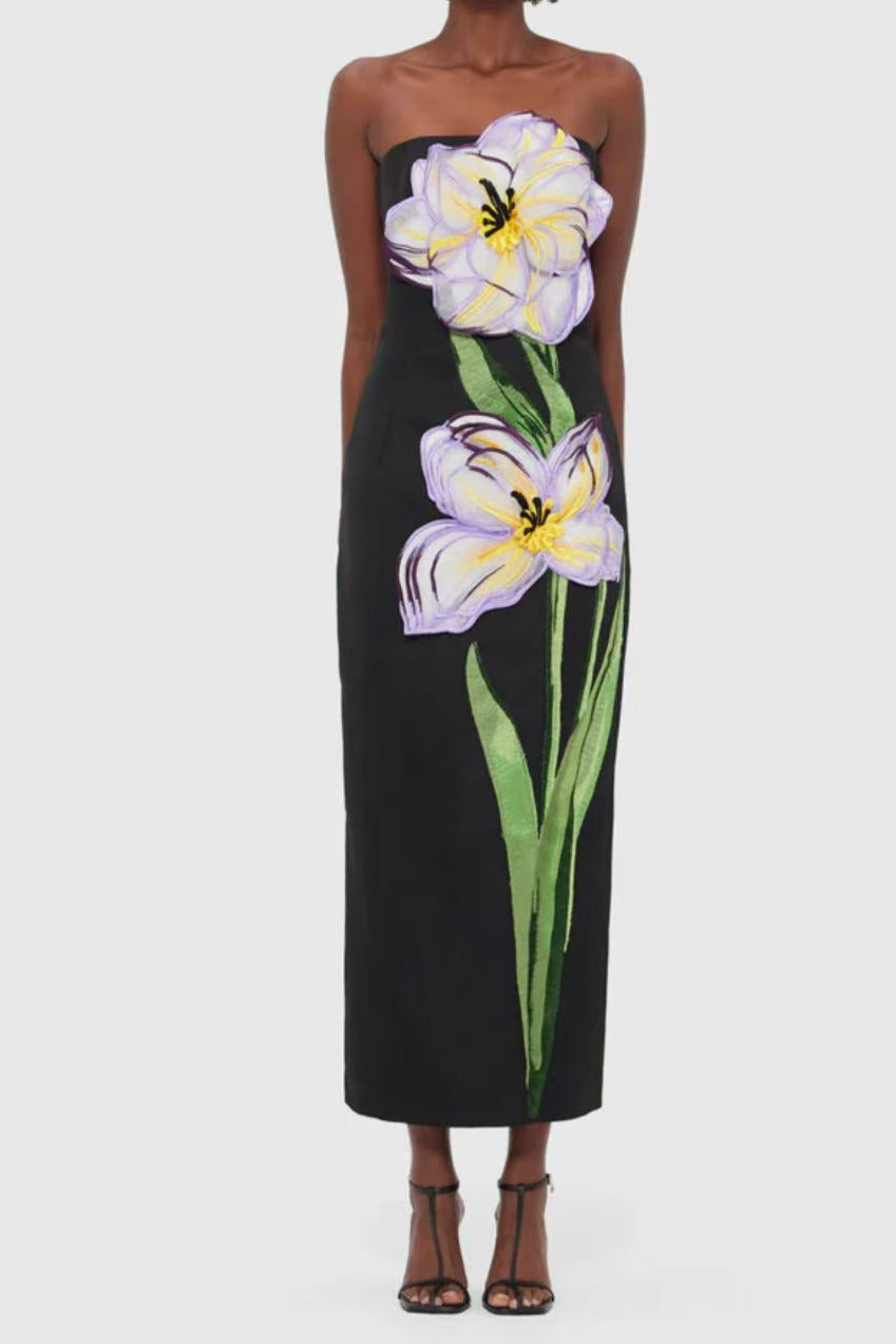 SUZANNE BLACK FLORAL BUSTIER MAXI DRESS