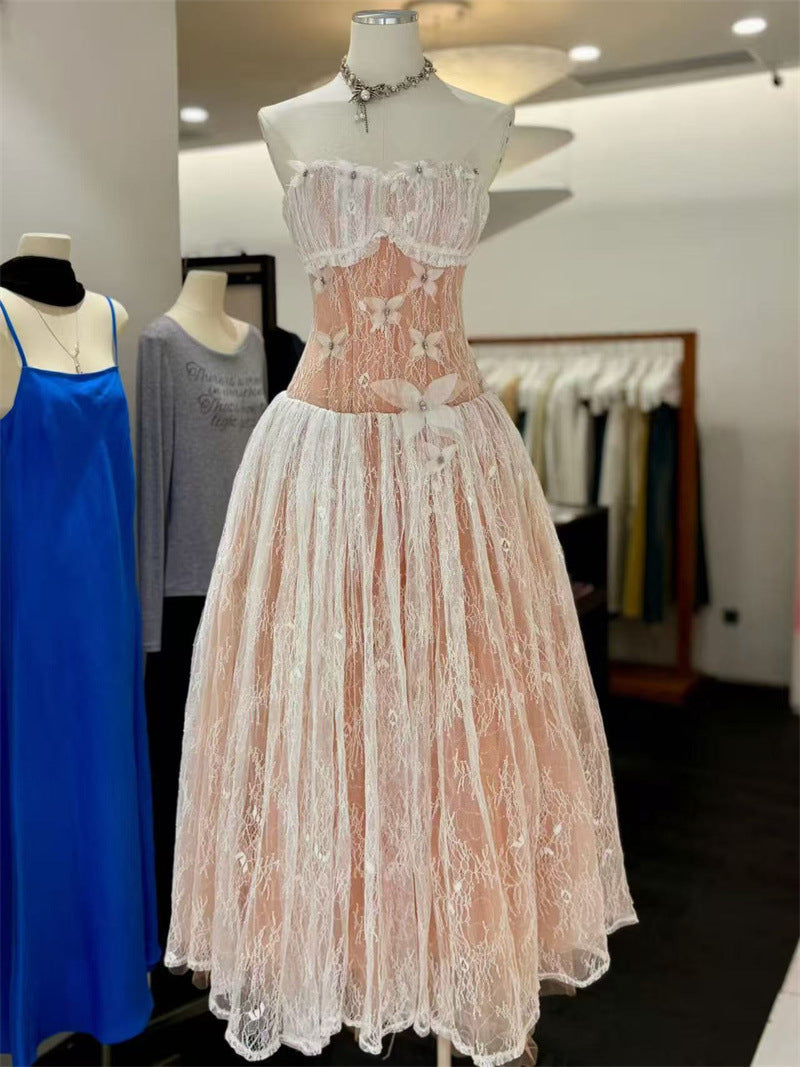 SALLY 3D BUTTERFLY LACE STRAPLESS WHITE MAXI DRESS