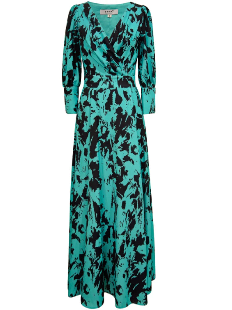 GREEN SATIN LANTERN SLEEVE V-NECK DRESS FOR WEDDING