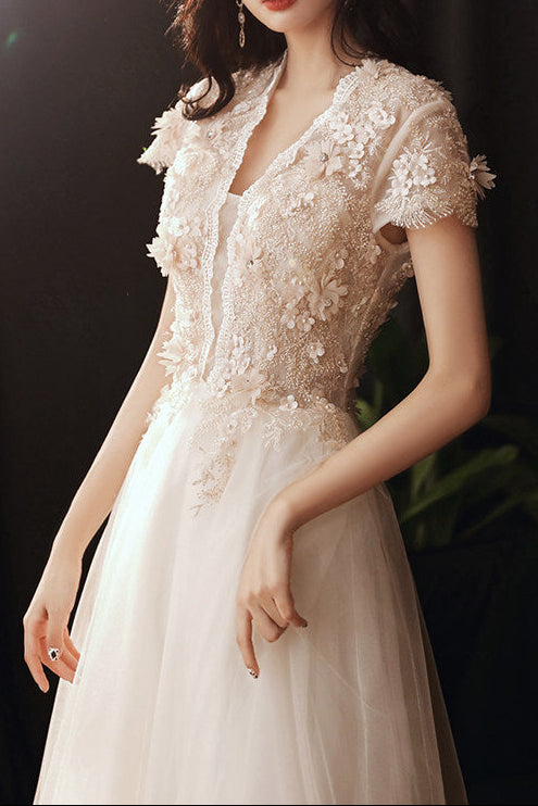 3D FLORAL LACE TULLE EVENING GOWN, FLOOR-LENGTH