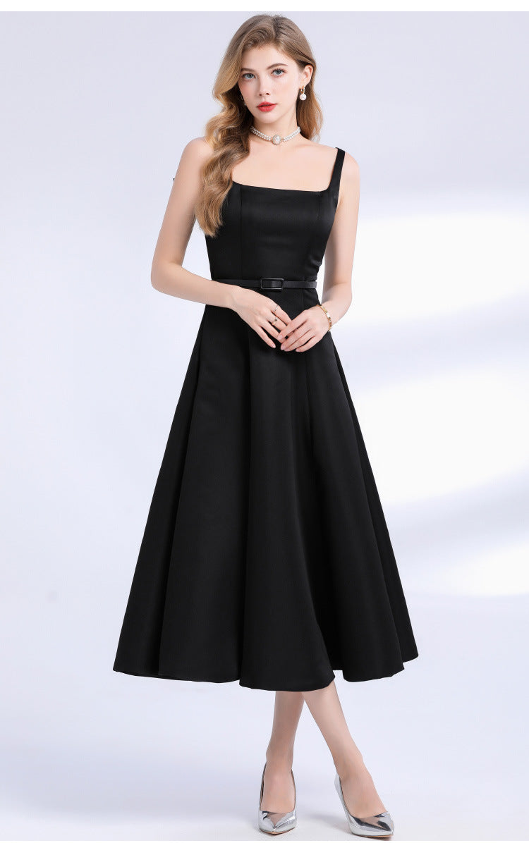 AMELIA SQUARE NECK SATIN SLIP MIDI DRESS - BLACK