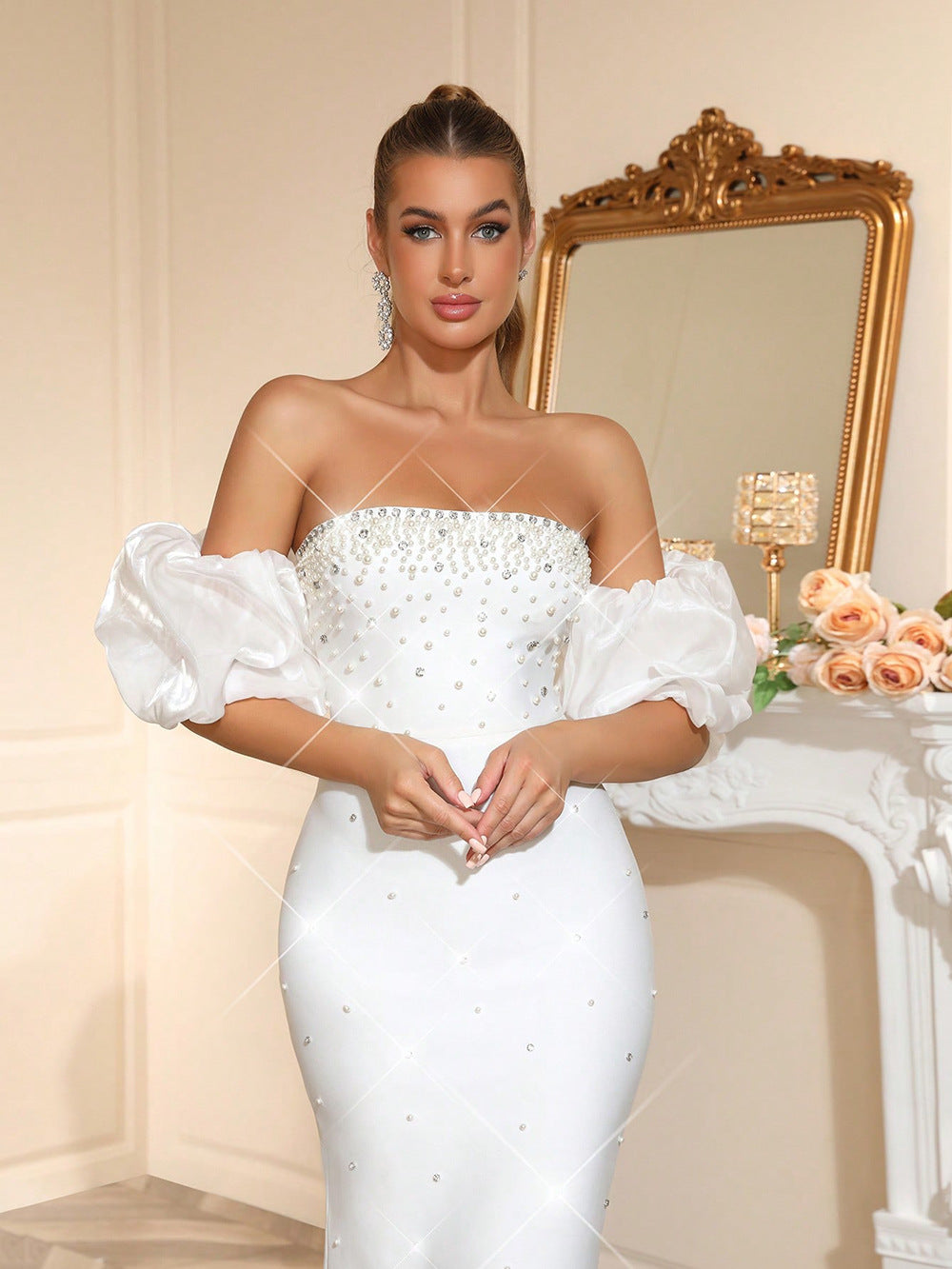 NANCY RHINESTONE STRAPLESS MAXI DRESS WHITE