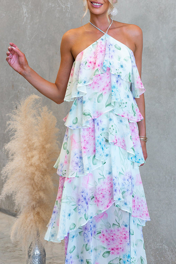 FLORAL RUFFLE HALTER MIDI DRESS FOR SUMMER