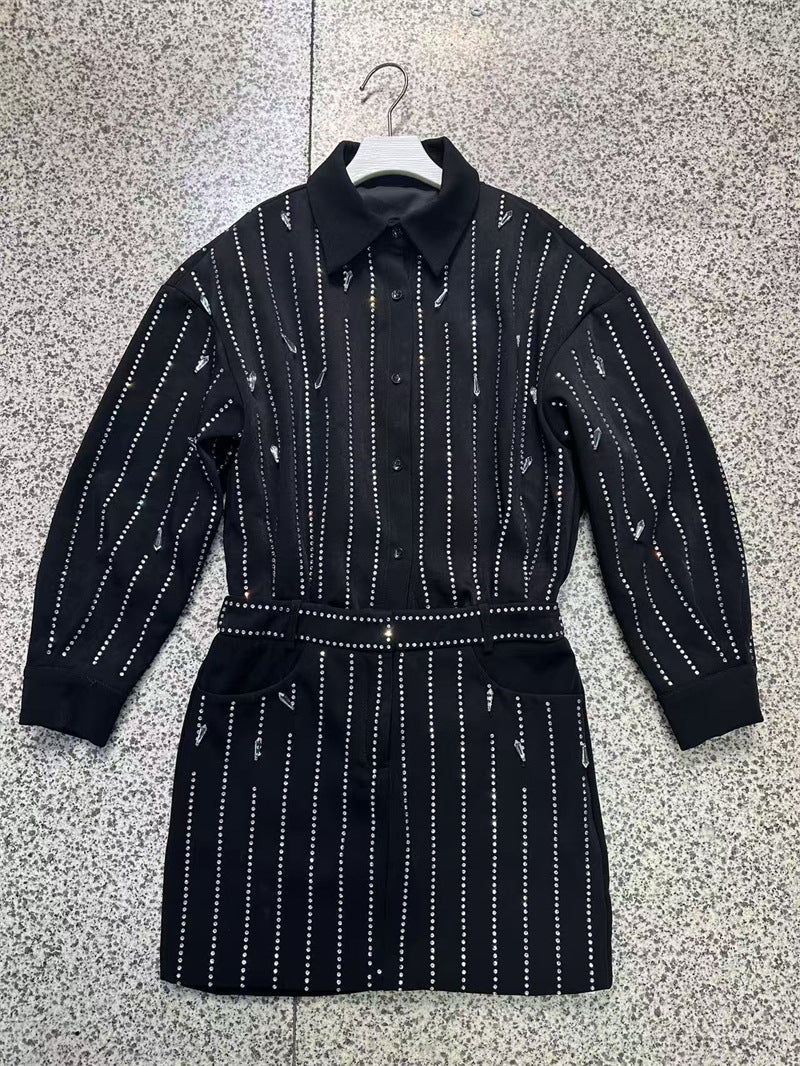 GLAM RHINESTONE COLLAR SHIRT MINI DRESS IN BLACK