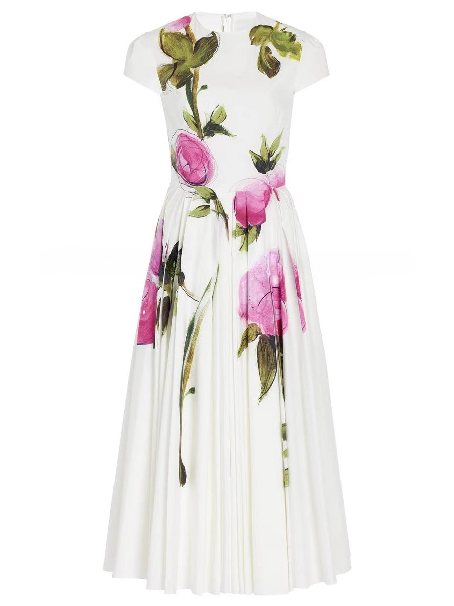 ROSE PRINT MIDI DRESS, CREW NECK, SHORT SLEEVES