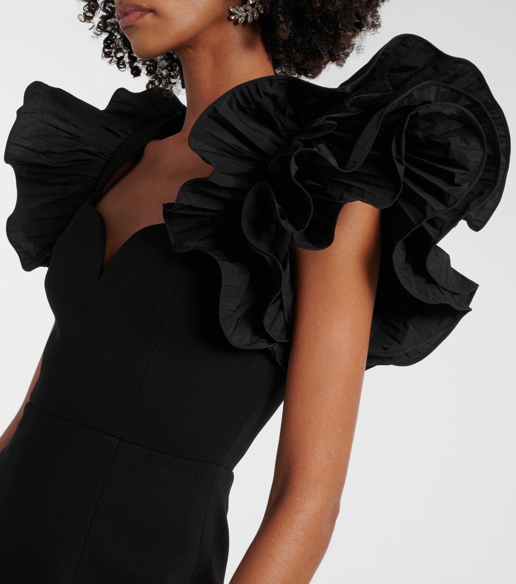 BLANCHE RUFFLE CREPE MIDI DRESS BLACK