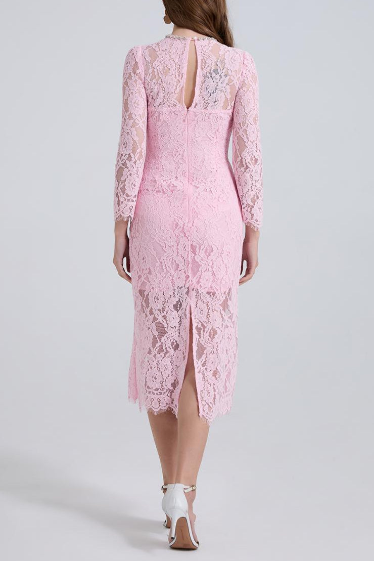 RHINESTONE FISHBONE LACE MIDI DRESS IN PINK
