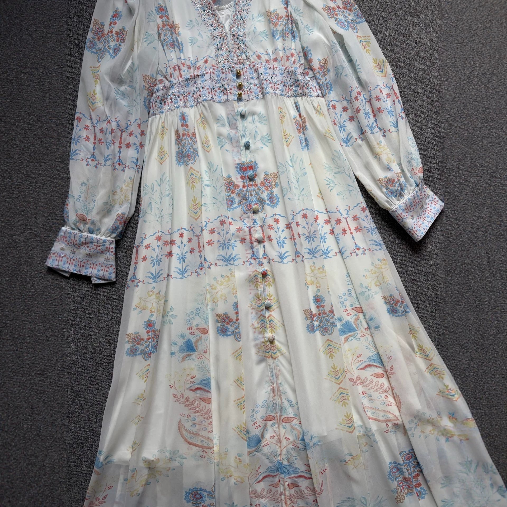 LESLEY PRINTED V-NECK LANTERN SLEEVE SLIT MAXI DRESS - BLUE