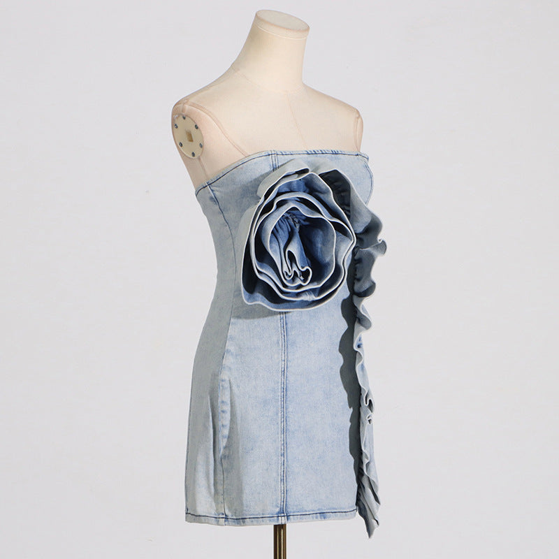 ALISON BLUE RUFFLED STRAPLESS DENIM MINI DRESS