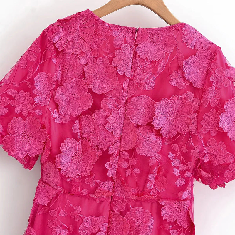 MODESTY PUFF SLEEVE V-NECK EMBROIDERY MIDI DRESS ROSE RED