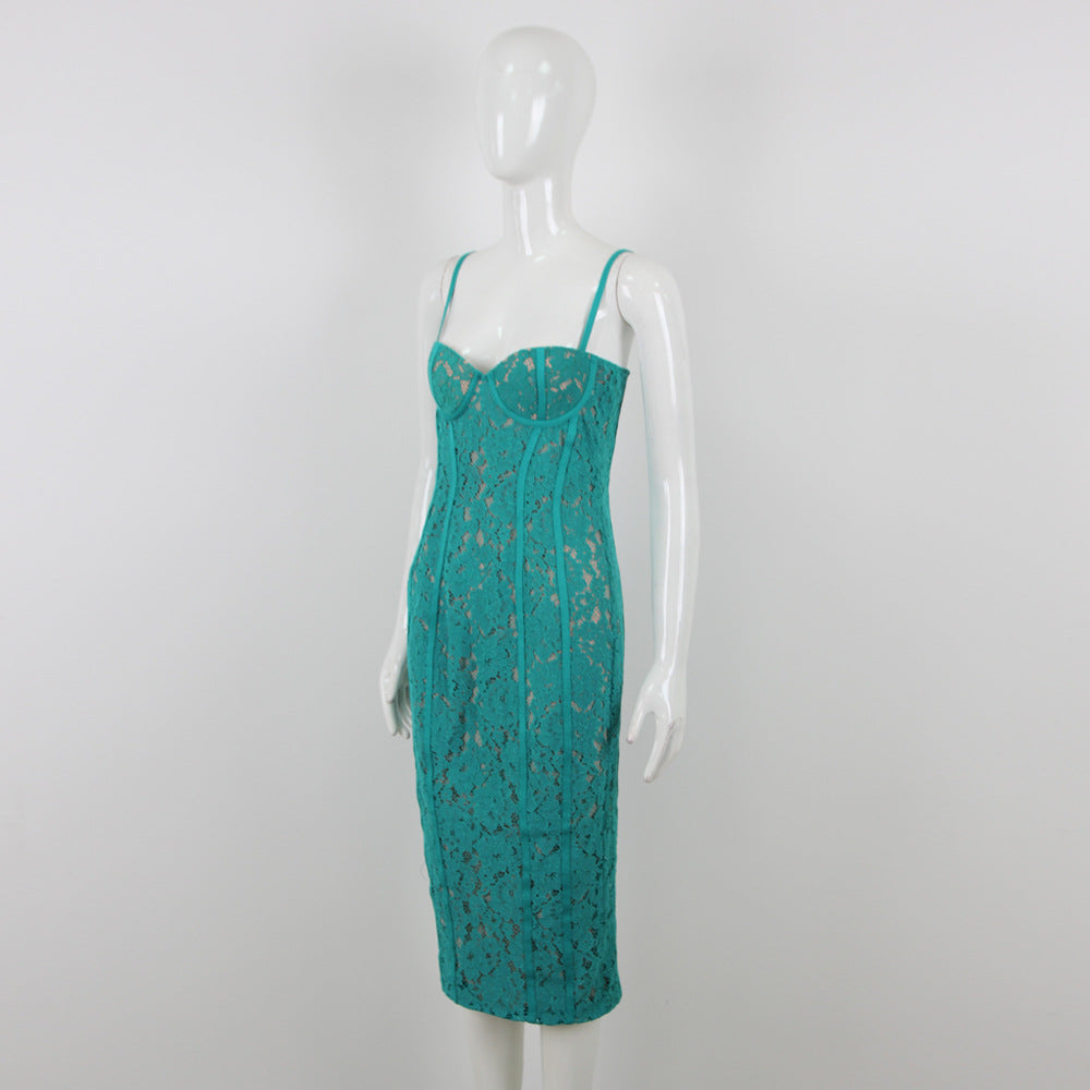 STRAPPY LACE MIDI DRESS FOR WEDDING GUEST