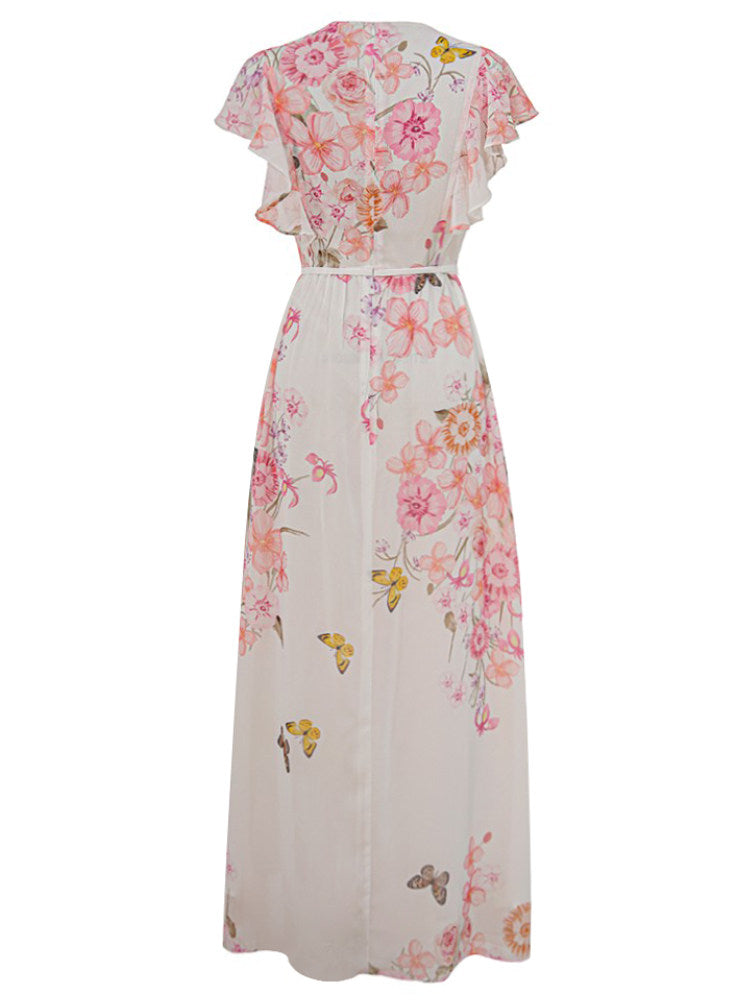 WHITE FLORAL FLYING SLEEVE MAXI DRESS