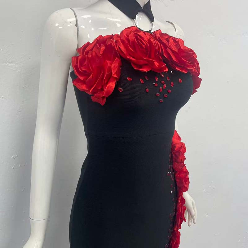 SEBASTIANE HALTERNECK FLORAL BANDAGE MAXI DRESS BLACK