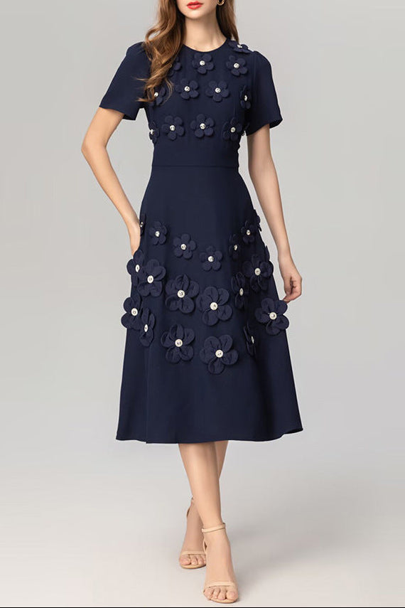 NAVY 3D FLOWER APPLIQUÉ MIDI DRESS FOR EVENTS