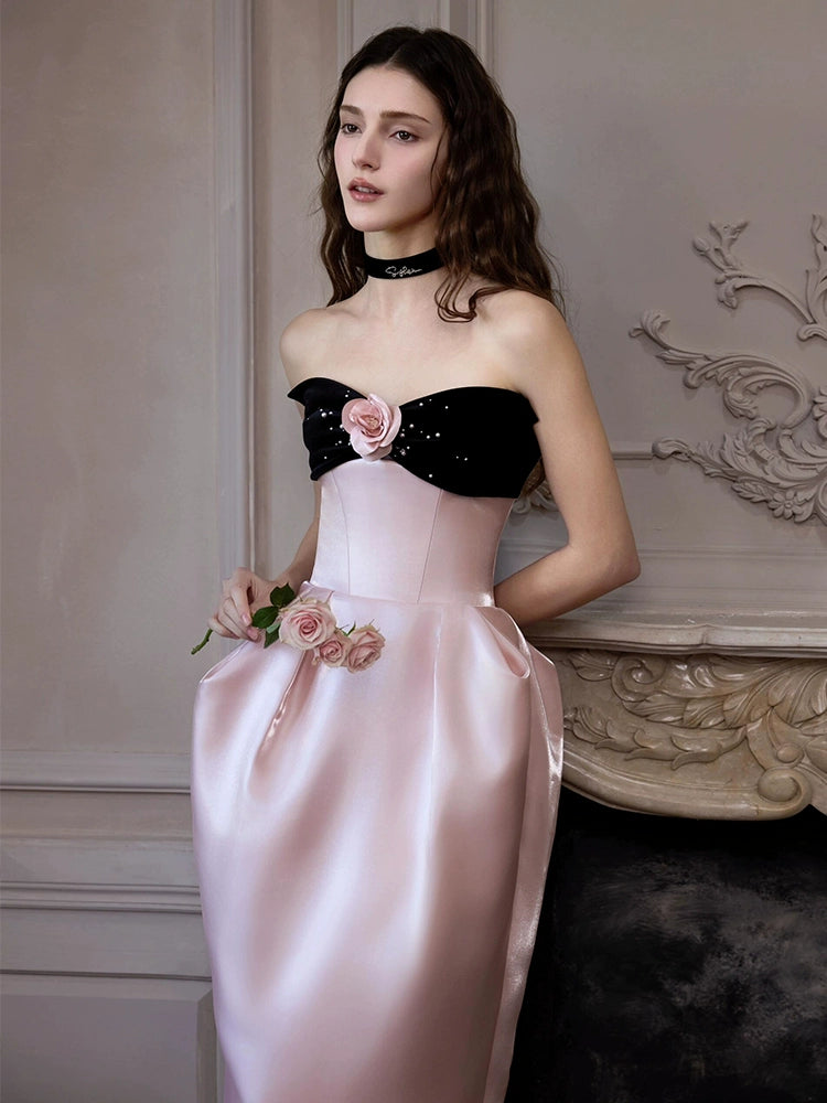 SATIN PINK FLOWER STRAPLESS MAXI PROM DRESS