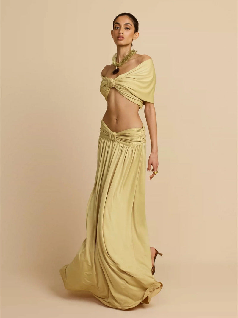 PLEATED TOP & MAXI SKIRT SET - GOLD