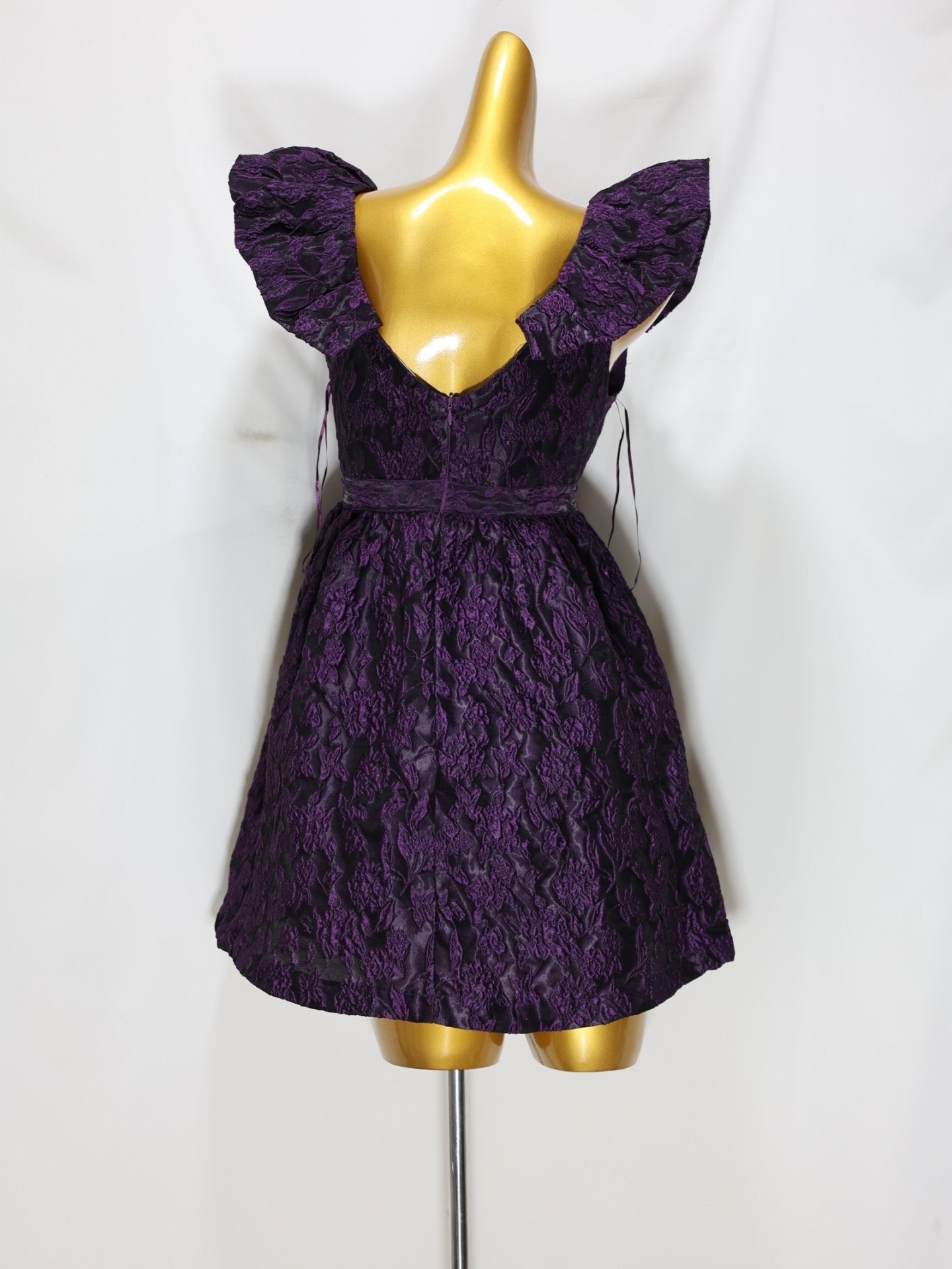 JACQUARD PLUNGE MINI DRESS, DEEP PURPLE PARTY SILHOUETTE
