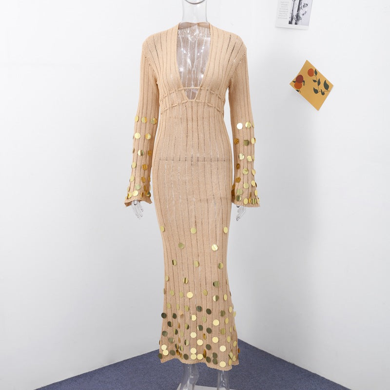 ELMA GOLDEN AURA V-NECK KNIT MAXI DRESS