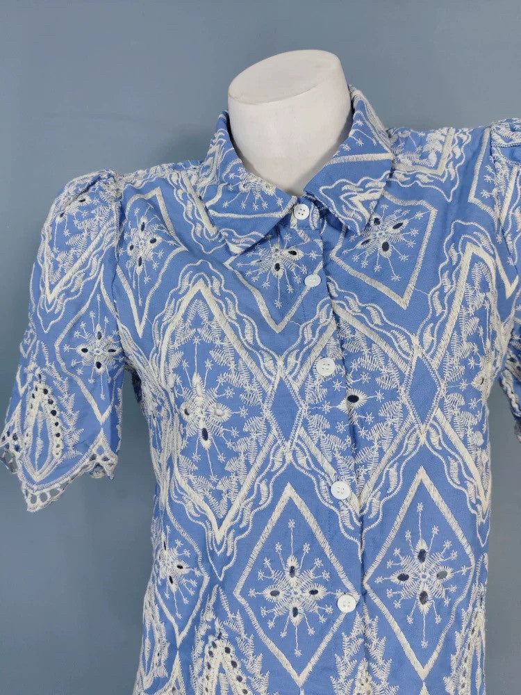 BLUE WHITE EMBROIDERED PUFF SLEEVE LACE BLOUSE