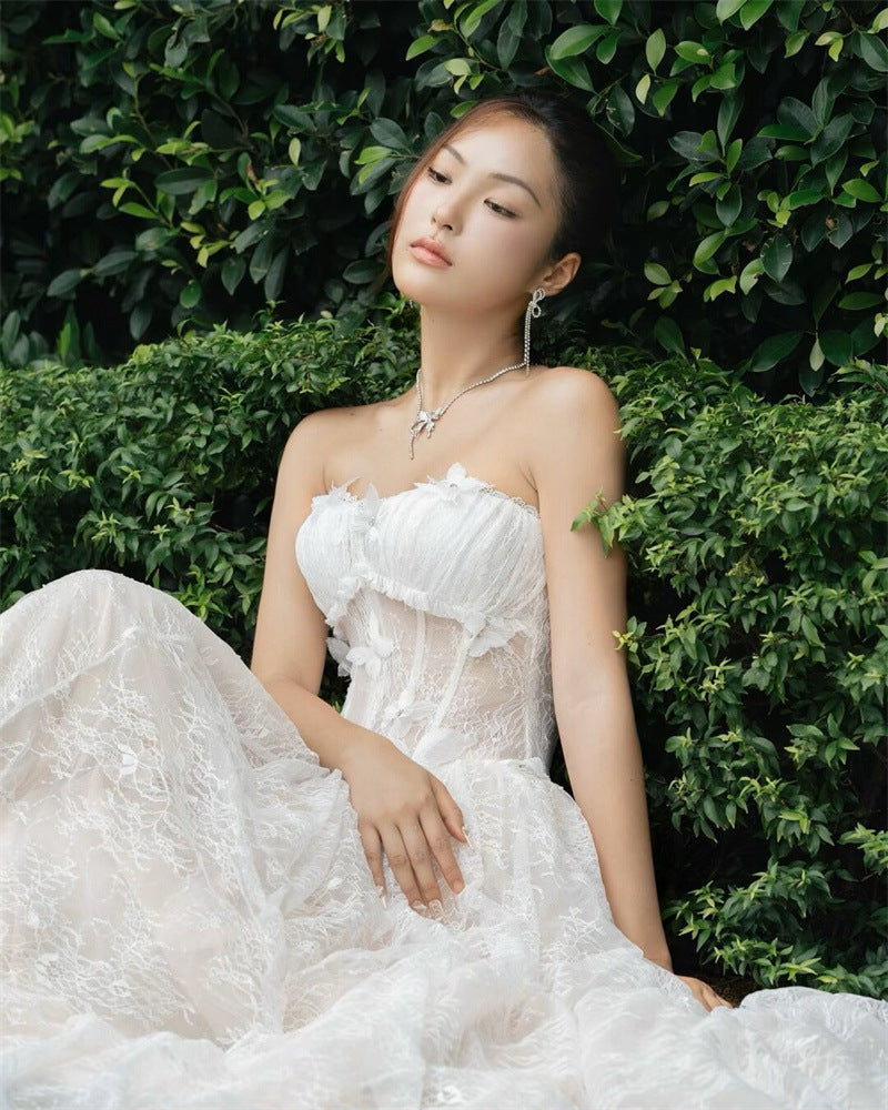 SALLY 3D BUTTERFLY LACE STRAPLESS WHITE MAXI DRESS