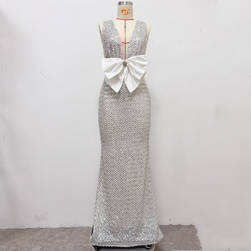 REBECCA SILVER SEQUIN V-NECK MAXI DRESS FOR EVENING