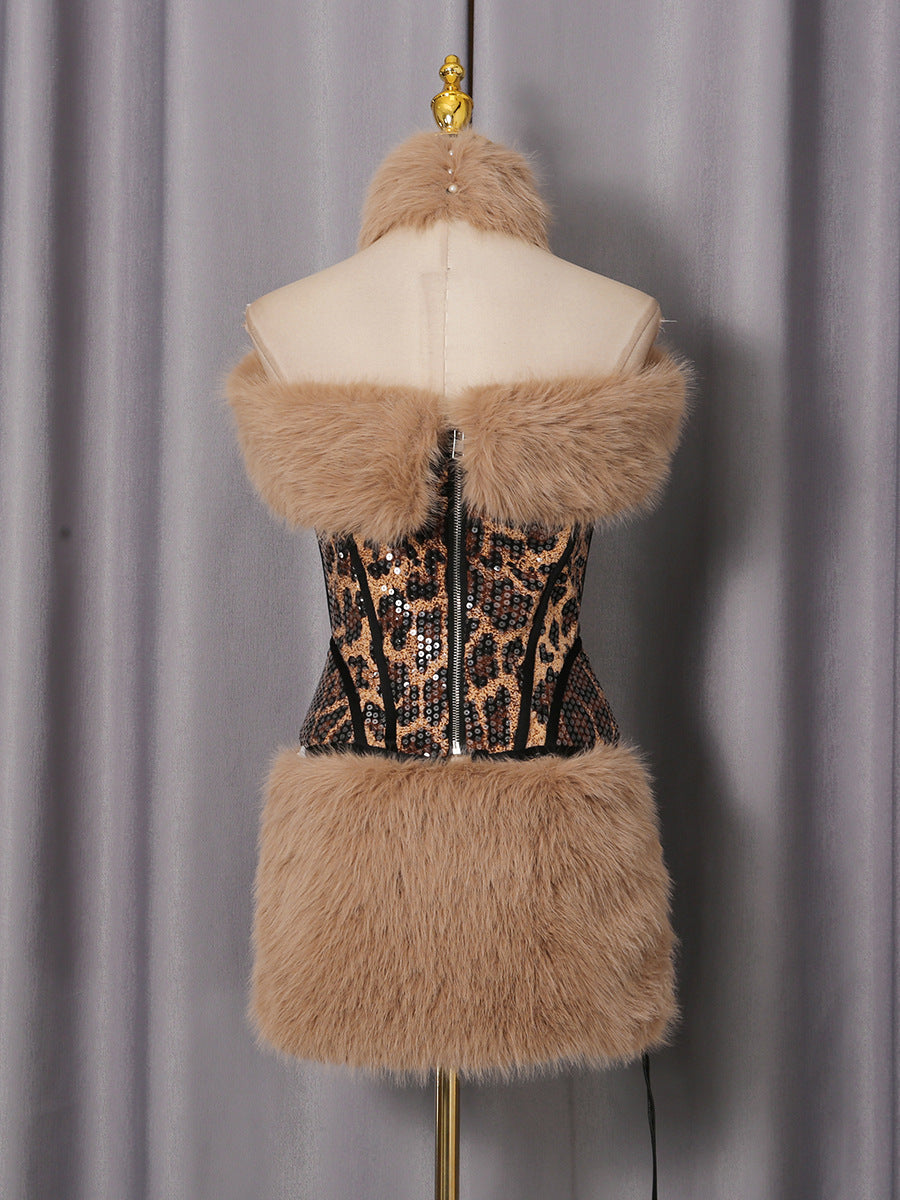 SEXY LEOPARD FUR SEQUIN SKIRT SET FOR PARTY