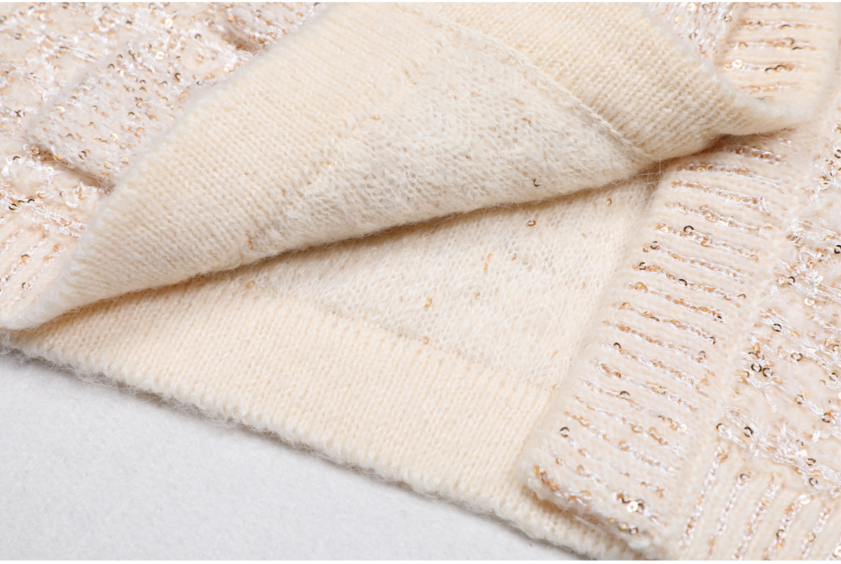 BEIGE SEQUIN V-NECK CARDIGAN FOR EVENING PARTY