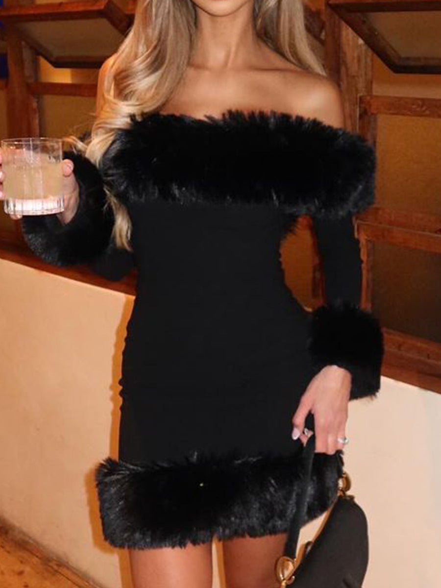 RITA BLACK OFF-SHOULDER MINI FUZZY PARTY DRESS