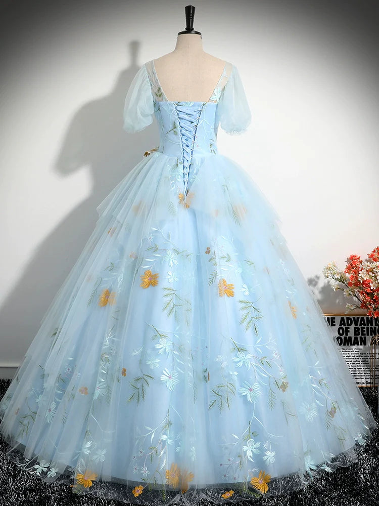 V-NECK TULLE LACE BLUE PROM GOWN