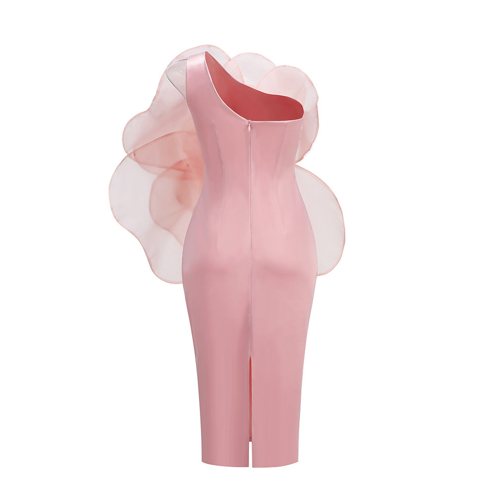 PINK ONE SHOULDER MESH FLOWER MIDI DRESS