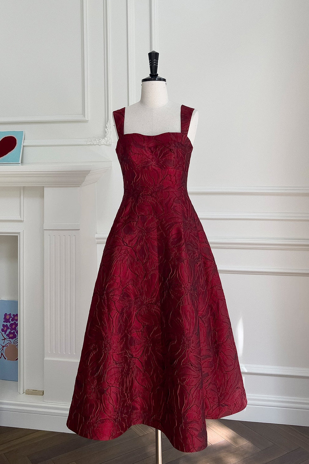 BURGUNDY JACQUARD CAMI MIDI DRESS FOR EVENTS