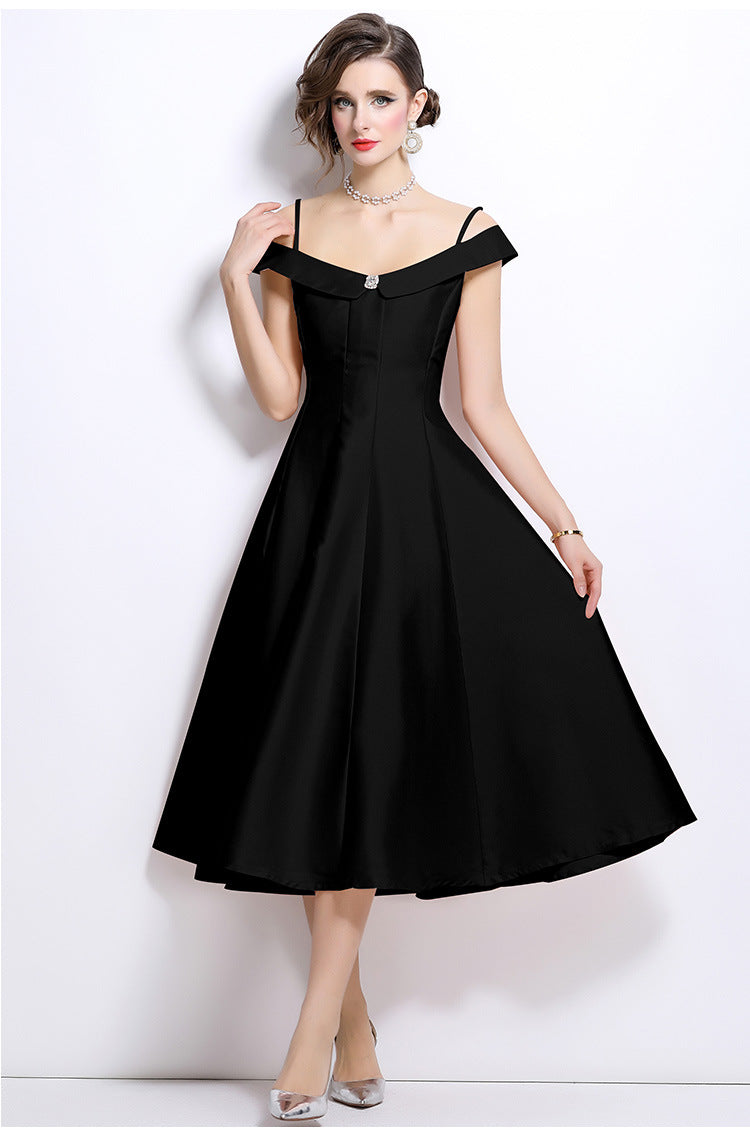 MEROY OFF-SHOULDER SATIN MIDI DRESS BLACK