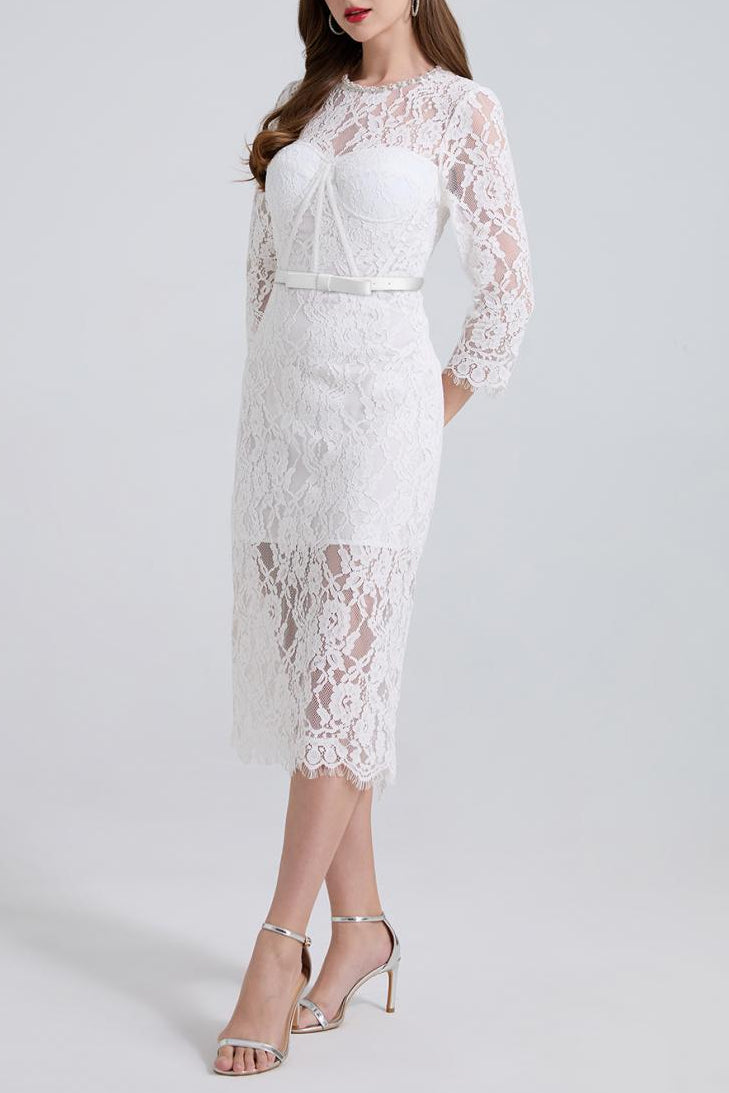 RHINESTONE LACE MIDI DRESS IN WHITE FOR WEDDING GUEST