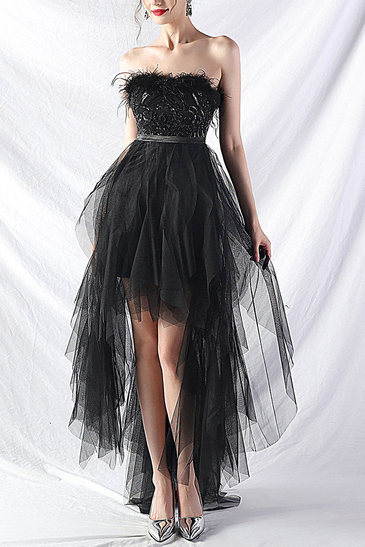 STRAPLESS FEATHER TULLE MIDI DRESS FOR PARTY