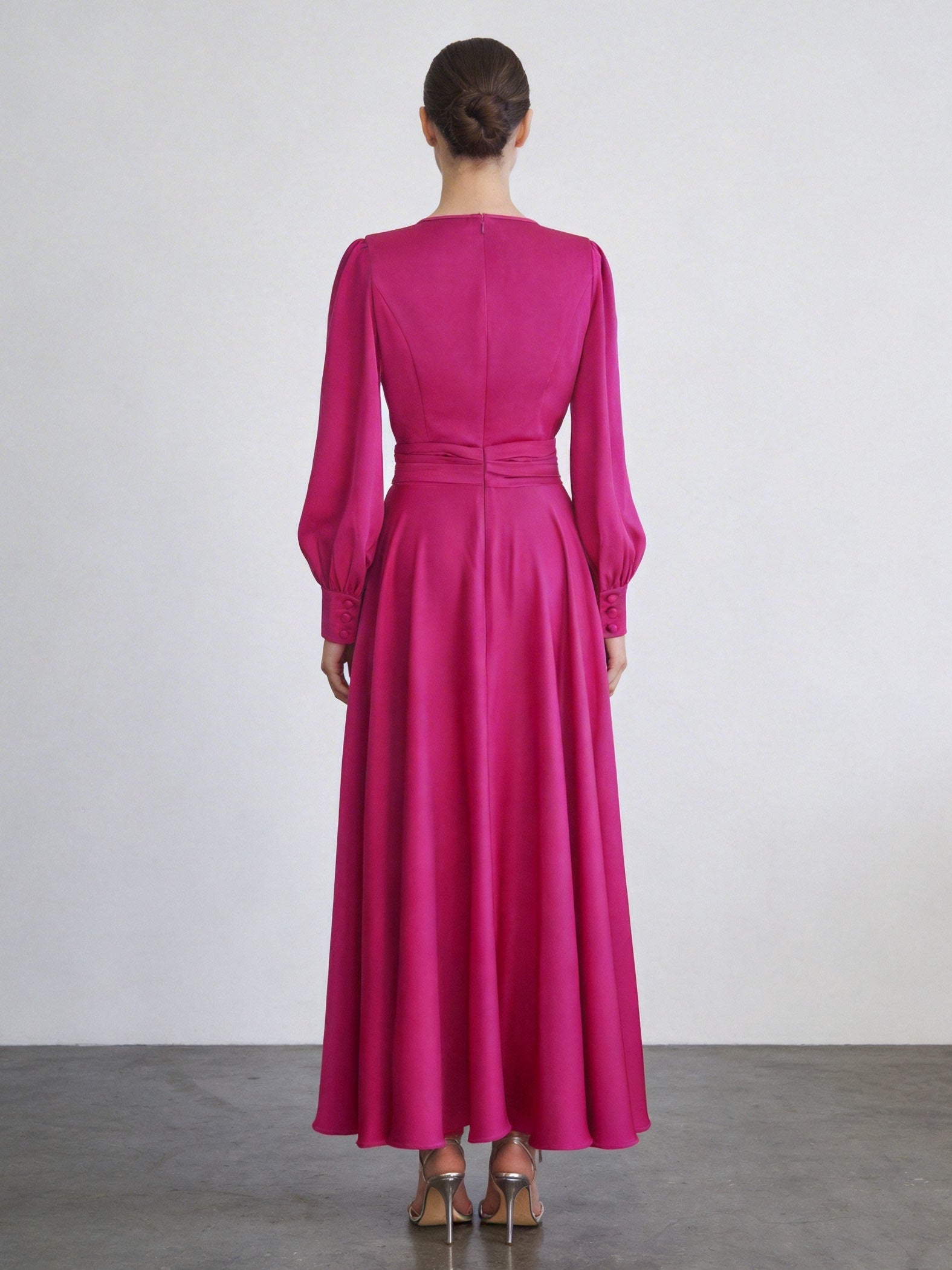 FUCHSIA SATIN LONG SLEEVE MAXI DRESS WITH GATHERED WAIST