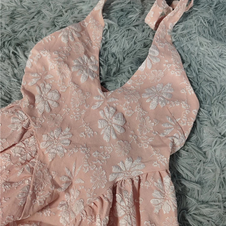 PINK JACQUARD HALTERNECK OPEN BACK SWING MIDI DRESS