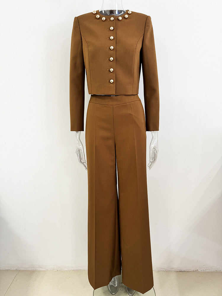 MIRANDA PALE BROWN BUTTON JACKET TWO-PIECE SET