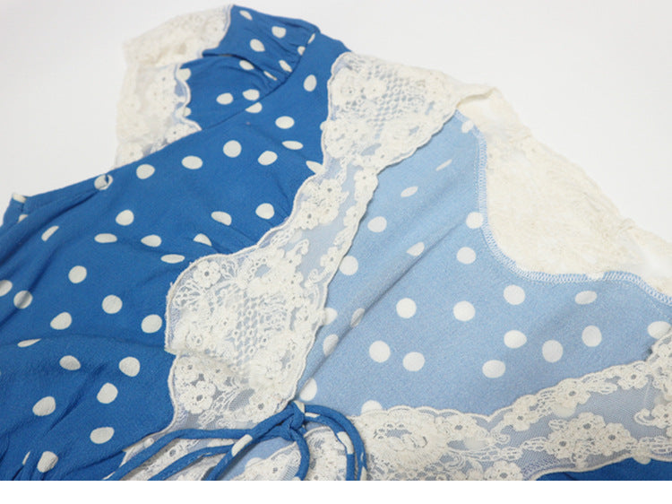 POLKA DOT LACE V-NECK MAXI DRESS IN BLUE