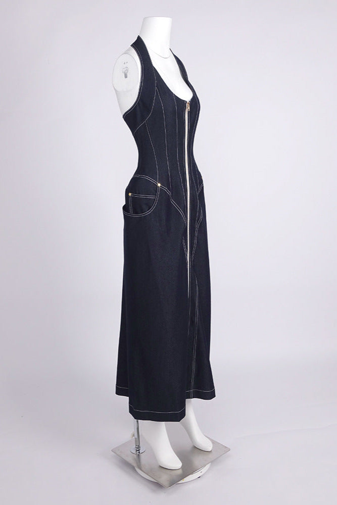 NAVY BLUE HALTER CORSET MIDI DRESS FOR WEDDING