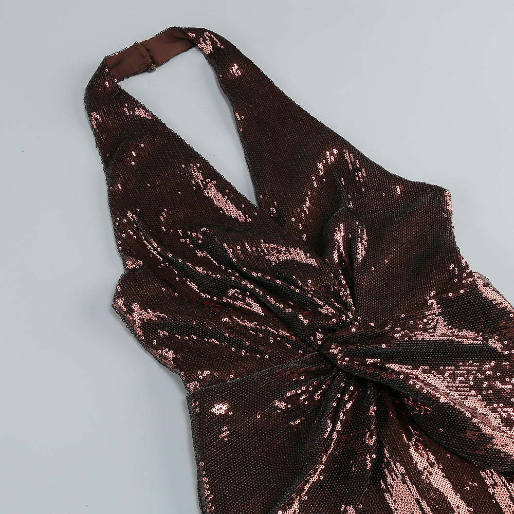 NORA BROWN SEQUIN HALTER FLARED JUMPSUIT