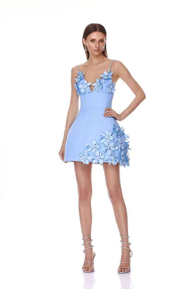 LYUBA BLUE 3D FLOWER A-LINE MINI DRESS