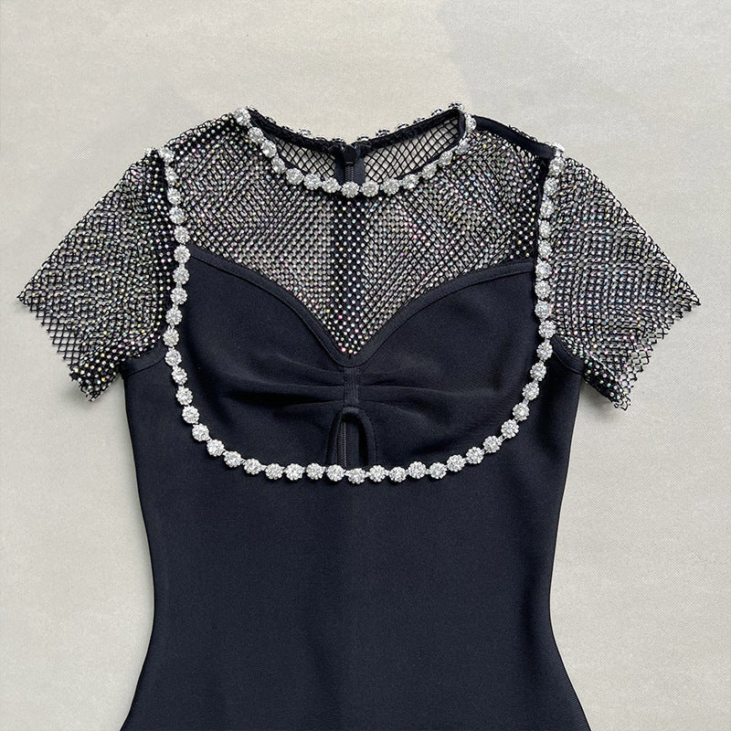 CRYSTAL MESH BANDAGE MIDI DRESS FOR PARTY