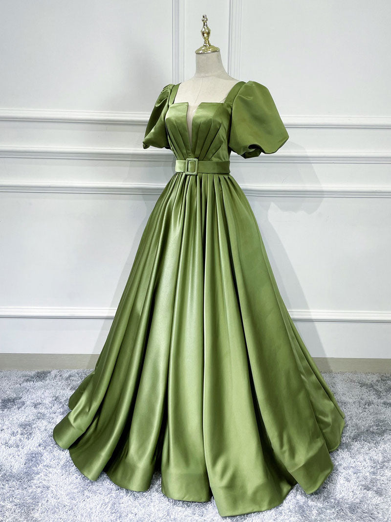 GREEN SATIN MAXI PROM DRESS, A-LINE