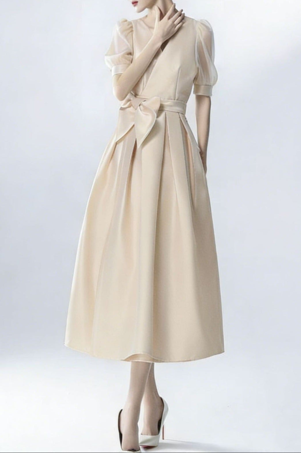 SATIN PUFF SLEEVE BOW BELT MIDI DRESS